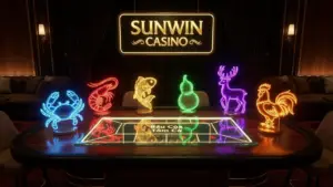 Giao diện bàn cược Bầu cua Sunwin 3D với 6 cửa cược linh vật sắc nét và khu vực đặt tiền