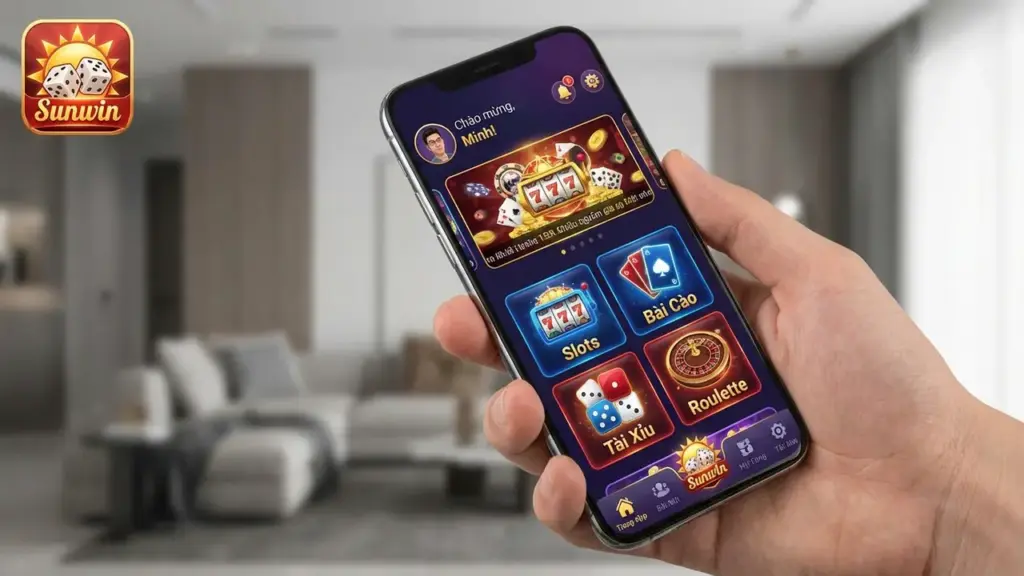 Hình ảnh giao diện chính của App Sunwin trên cả hai hệ điều hành iOS và Android, làm nổi bật sự tiện lợi và thiết kế hiện đại.